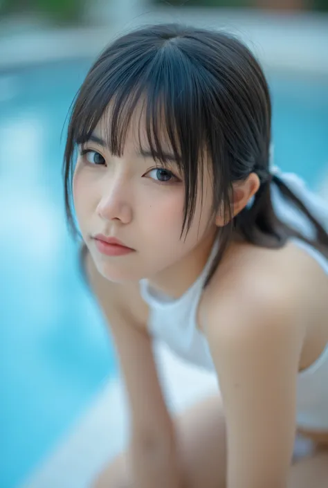 A close-up of a Japanese 20-year-old woman in a white high-leg competitive swimsuit crouching by the pool