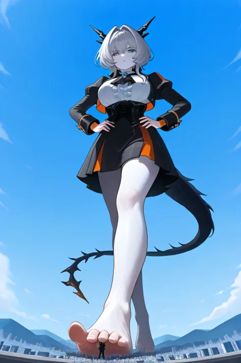 1girl, Talulah_Ark, Tal_Def, one woman , one person only , dragon tail , short hair , grey hair , hair intakes , black horns , dragon horns , grey eyes , black jacket , cropped jacket , open jacket , juliet sleeves , underbust , orange bracelet , white shi...