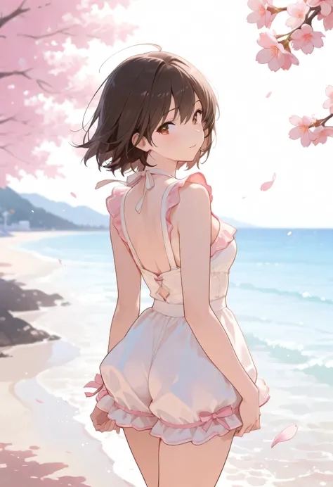 masterpiece, best quality, GREAT QUALITY, is very aesthetic, newest, look back,  cute woman, spring outfit, Spring Beach , cherry blossoms, warm weather