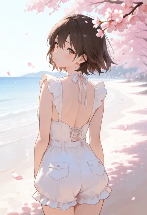 masterpiece, best quality, GREAT QUALITY, is very aesthetic, newest, look back,  cute woman, spring outfit, Spring Beach , cherry blossoms, warm weather