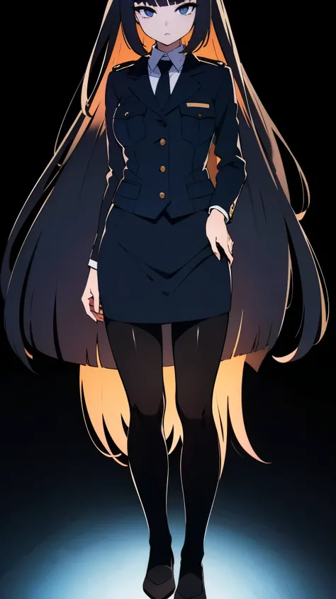 inside city, anime style, 1femail, ultra high res, Best quality, ultra detailed, 8k, wearing dark navy blue policewoman uniform, black pumps, black pantyhose, masterpiece, high nose(1:2), large mouth, break straight long hair, dark eyelashes, standing, ful...