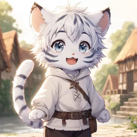  Furry white tiger with white fur, clear eyes, big beautiful smile,  medieval clothing, At the bottom of a village.