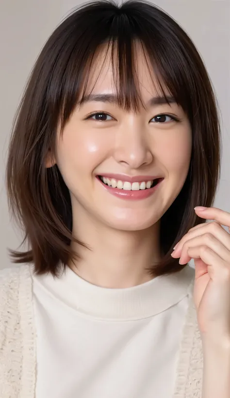  Cute Japanese Girl 。I'm wearing a tight tank top。There is a hole with a diameter of about 20 cm on the chest of the tank top。ブラジャーは付けていないので穴からBoosting Heartbreakがはっきりと見える。(Boosting Heartbreak、Between the breasts:1.taring at the viewer with a big smile。Por...