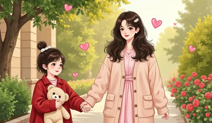 A semi-realistic, anime-inspired illustration featuring a gentle, mature-looking young woman in her mid to late twenties as a nanny, holding hands with a . The nanny has soft features, styled shoulder-length hair, Douyin-style makeup (rosy cheeks, glossy l...