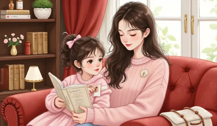 A semi-realistic, anime-inspired scene of a gentle, mature-looking young woman nanny in her late twenties sitting on a luxurious sofa in a warmly lit living room. She’s reading a picture book to a cute girl sitting on her lap. The nanny wears a soft knit ...