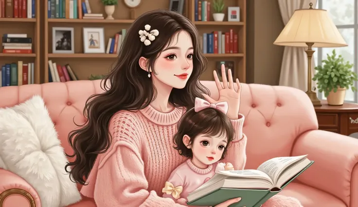 A semi-realistic, anime-inspired scene of a gentle, mature-looking young woman nanny in her late twenties sitting on a luxurious sofa in a warmly lit living room. She’s reading a picture book to a cute girl sitting on her lap. The nanny wears a soft knit ...