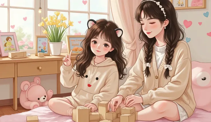 A semi-realistic, anime-inspired indoor scene showing a mature-looking nanny and a small girl playing together in a softly lit, cozy ren’s room. The nanny has a calm smile, wearing a beige cardigan, and subtle douyin-style makeup. The is building blocks o...