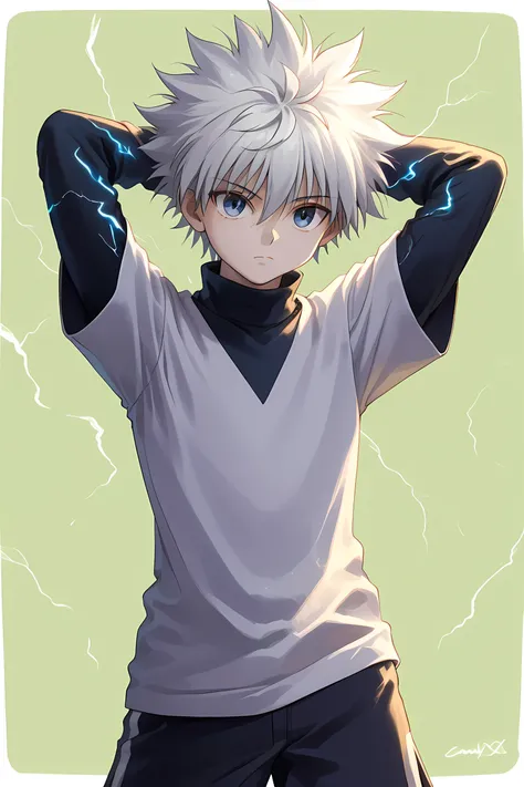 killua_zoldyck, 1boy, solo, short hair, bangs, blue eyes, simple background, shirt, long sleeves, hair between eyes, closed mouth, upper body, white hair, short sleeves, male focus, shorts, arms up, black shirt, turtleneck, border, spiked hair, arms behind...