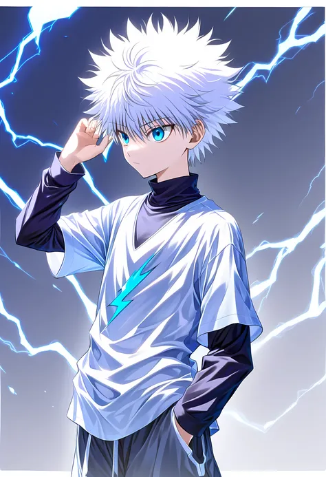 killua_zoldyck, 1boy, solo, short hair, bangs, blue eyes, simple background, shirt, long sleeves, hair between eyes, closed mouth, upper body, white hair, short sleeves, male focus, shorts, arms up, black shirt, turtleneck, border, spiked hair, Hands in po...