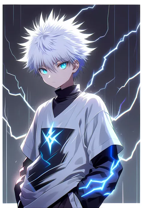 killua_zoldyck, 1boy, solo, short hair, bangs, blue eyes, simple background, shirt, long sleeves, hair between eyes, closed mouth, upper body, white hair, short sleeves, male focus, shorts, black shirt, turtleneck, border, spiked hair, Hands in pockets, wh...