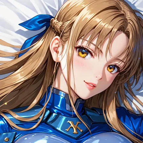 (( best quality )), ((masterpiece)), ( Details), （ perfect face）、Yuki Asuna, a young, beautiful, and bright-haired fighter, wears a latex suit with a blue combat uniform, is brainwashed, lost her ego, became a spearhead pledging loyalty to an evil organiza...
