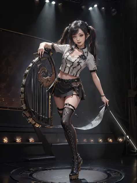 (full body view:1.idemap:1.how your teeth and laugh:1.3),(Beautiful whore:1.5)、( gothic chita-style fashion :1.5)、(Punk rock visuals:1.5)、(wear a polo shirt with delicate brown and khaki decorations:1.4)、( khaki and sugar lace or embellished mini skirt :1....