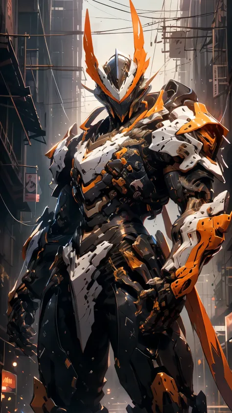 Imagen arafed de un robot con una espada en una ciudad., from Arknights, guilty gear strive splash art, Paladín dorado, estilo de duelista, Armadura de paladín épica, Arknights, ares con armadura pesada y espada, estilo mecha genial, krenz cushart y wenjun...