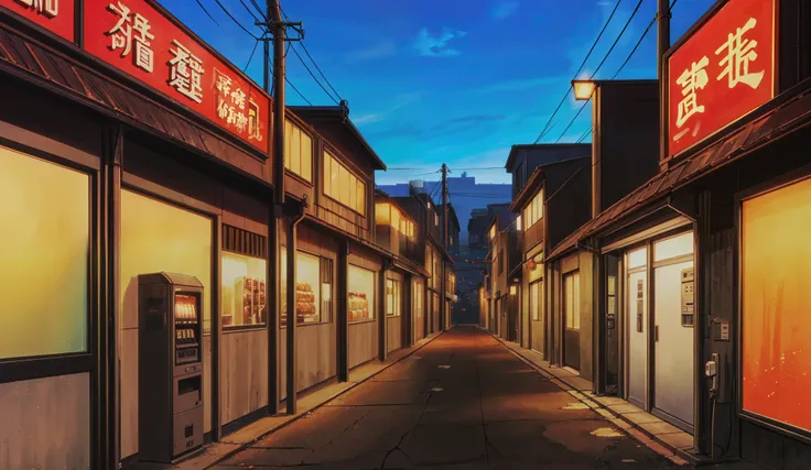 Drawn in 80’s anime art style.
Retro anime. Vintage Anime. Classical Anime.
Japanese Street.
The street hums with quiet life, nestled somewhere between sleepy suburb and restless city. Low-rise buildings with neon signs in faded kanji line the sidewalk...