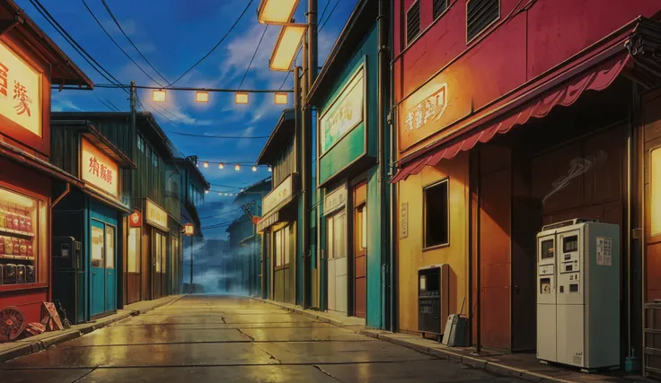 Drawn in 80’s anime art style.
Retro anime. Vintage Anime. Classical Anime.
Japanese Street.
The street hums with quiet life, nestled somewhere between sleepy suburb and restless city. Low-rise buildings with neon signs in faded kanji line the sidewalk...
