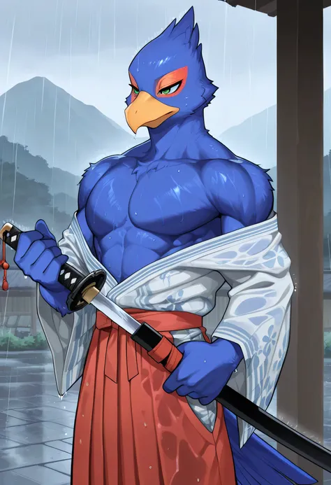 soft shading, 4k, hi res, detailed face, detailed, Best quality, masterpiece, detailed anatomy, detailed eyes, perfect shading, by Buta99, by Spiritd, solo male, Falco lombardi, blue feathers body, tail, green eyes, lean muscle, shoulders off white yukata,...