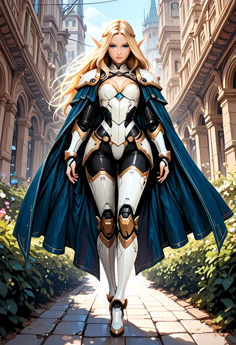 a picture of a mech female elf mecha model, full body, epic beautiful female elf, blond hair, long hair, billowing hair, small pointed ears, wearing blue cloak, long cloak, wearing elven intricate white mecha armor, delicate mech armor, shiny rubies studd...