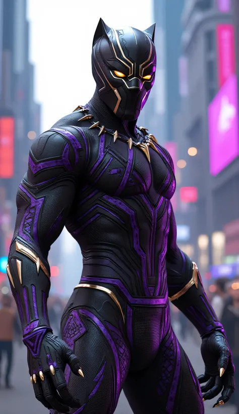A hyper-realistic and anatomically correct depiction of a futuristic warrior inspired by Black Panther, wearing an intricately detailed suit in white and gold. The suit features ceremonial African patterns etched purple into armor plates over sleek black m...