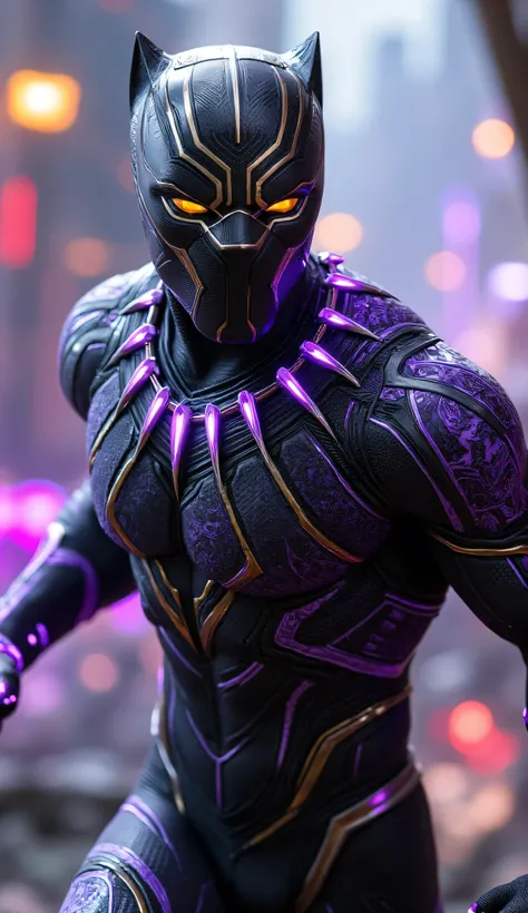 A hyper-realistic and anatomically correct depiction of a futuristic warrior inspired by Black Panther, wearing an intricately detailed suit in white and gold. The suit features ceremonial African patterns etched purple into armor plates over sleek black m...