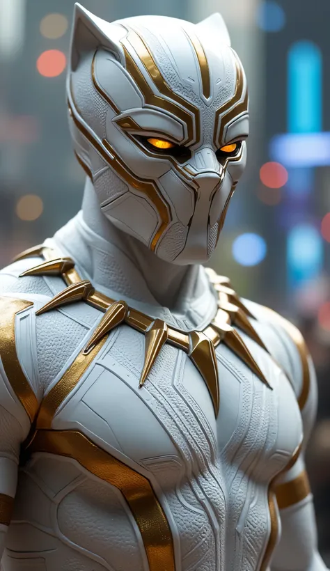A hyper-realistic and anatomically correct close-up of a futuristic warrior inspired by Black Panther, wearing an intricately detailed suit in white and gold. The suit features ceremonial African patterns etched into golden armor plates over sleek white fa...