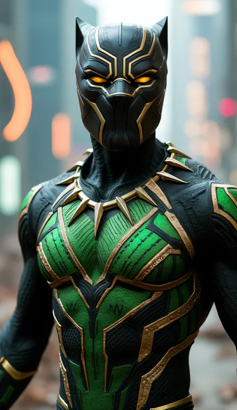 A hyper-realistic and anatomically correct close-up of a futuristic warrior inspired by Black Panther, wearing an intricately detailed suit in white and gold. The suit features ceremonial African patterns etched into green armor plates over sleek black fab...