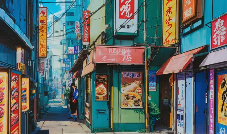 Drawn in 80’s anime art style.
Retro anime. Vintage Anime. Classical Anime.
Japanese Street.
The street hums with quiet life, nestled somewhere between sleepy suburb and restless city. Low-rise buildings with neon signs in faded kanji line the sidewalk...