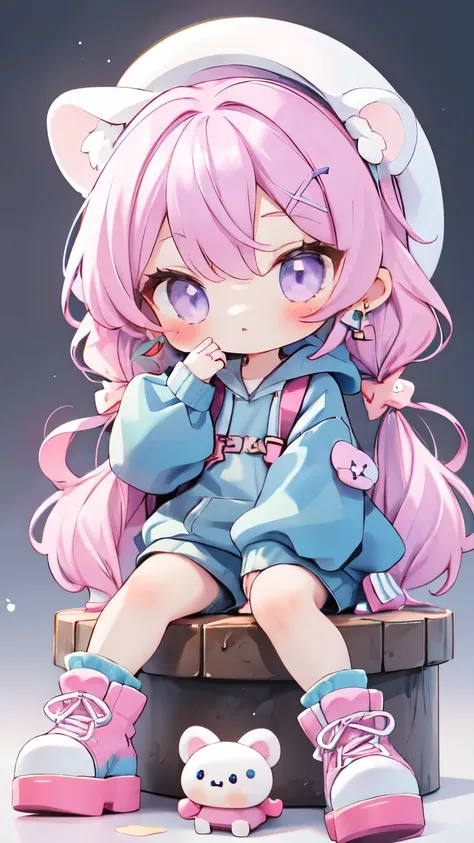 purple hair, side bangs , pink hair muscle, energetic animal ears , bread , medium length hair, white hat with an X in the middle, is sitting, pensive, thoughtful girl , Pale eyes, lilac eye, full body, chibi, full body art, sweatshirt and hoodie, hoode...