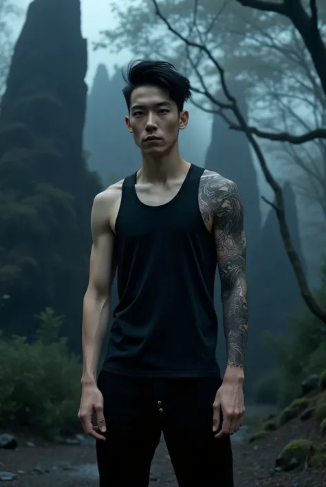 Ultra-realistic full-body image of a stylish, handsome young Asian man standing confidently in a dark forest with dramatic rock formations in the background. He has smooth light-beige skin, sharp jawline, defined cheekbones, and intense black eyes. His hai...