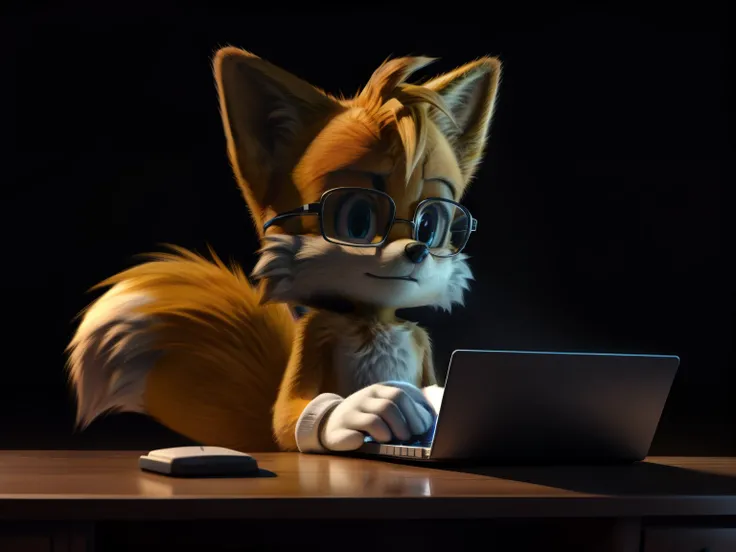 Miles tails prower, cute, fluffy tails, with glasses, typing on a laptop on a desk, dark background, front perspective