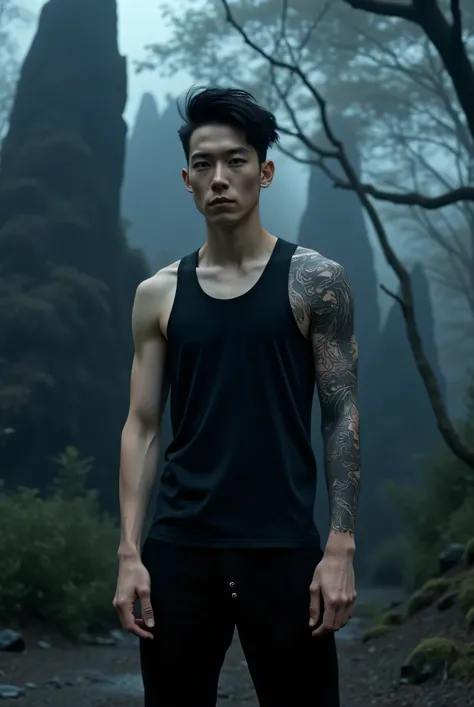 Ultra-realistic full-body image of a stylish, handsome young Asian man standing confidently in a dark forest with dramatic rock formations in the background. He has smooth light-beige skin, sharp jawline, defined cheekbones, and intense black eyes. His hai...