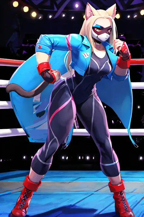 1girl , looking at the viewer , blue jacket , long hair , bodysuit , yoga pants , indoors, cat woman, pro wrestling fighter, aesthetic stance position, kitty mask, very long cape, clothes pro wrestler, octagon fight background