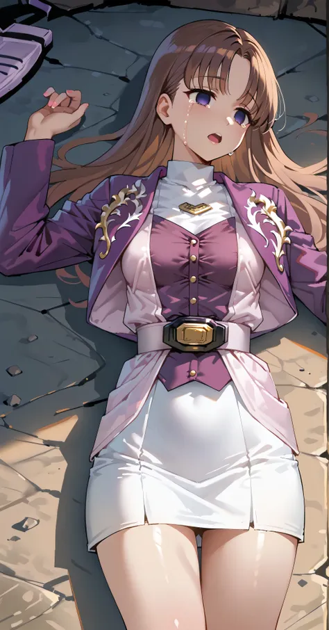 (高精細CG), (best quality), IN THE CAVE,((Raped by a completely naked man )),1 girl to improve Sa, perfect face,  wide hips,  Slim waist,  , purple bolero jacket,white skirt,long sleeve, Pink Belt,   straight and long hair , brown hair, ((( empty eyes ))),cry...