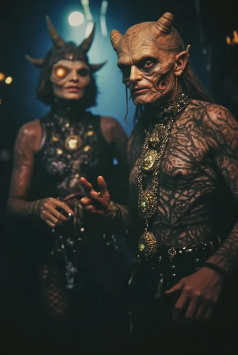 Pair of human animals, posing in front of the camera at a satanic event. very sinister and disturbing. Hyperrealism. necklace trio. 8K. surrealism.