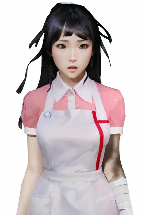 a Japanese woman in a white apron and pink button up shirt with cuffed short sleeves, black hair with bangs, forearm wrapped in bandages. PS2 style