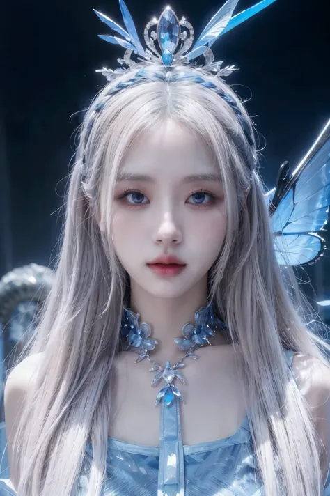 8k, full body, magical, white hair coulor, ager,blue eyes, anime, female, longhairs, fantacy,dark tone, glowing blue butterfly, beautiful, blur behide, divine , deity, dark blue, chinese dress, goddess, fantacy land, deity land, god land, angle, dream,crys...