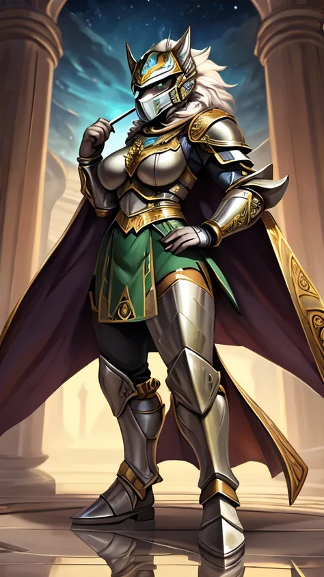 A powerful armored female warrior standing in a heroic front-facing pose, her body athletic and hourglass-shaped, fully covered in ornate silver armor with intricate gold accents. Her armor design is elegant and curved, inspired by celestial and high-fanta...