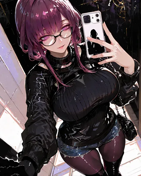 １people,  Kafka, Big Breasts, purple hair, casual clothes, oversized black sweater , denim shorts, black tights,  black shiny shoes , Black Chain Handbag, Standing, natural skin tone, Indoor Environment , Minimalist Background, soft natural light, relaxed ...