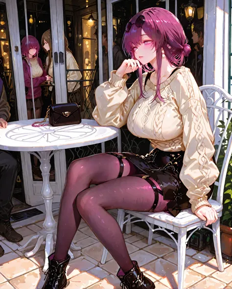 １people,  Kafka, Big Breasts, purple hair, She's sitting in a gorgeous white chair at a round white table in a stylish, casual pose. She has her hair tied to a neat bun and is wearing a peach-colored sweater with ruffle details. she pairs this with a black...