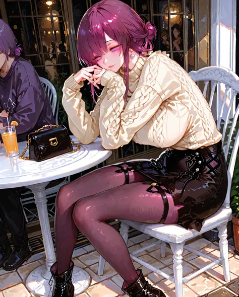１people,  Kafka, Big Breasts, purple hair, She's sitting in a gorgeous white chair at a round white table in a stylish, casual pose. She has her hair tied to a neat bun and is wearing a peach-colored sweater with ruffle details. she pairs this with a black...