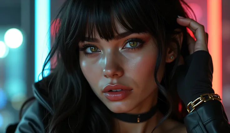 a sexy girl with tight leggins clothes, dark and shiny hair with bangs on the forehead, green eyes, full body portrait, confident expression, 4k, ultra-detailed, photorealistic, cinematic lighting, dramatic shadows, moody sci-fi atmosphere, advanced 3D ren...