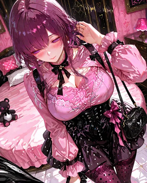 １people,  Kafka, purple hair, Big Breasts, fashion outfit with pink lace {x} pink blouse with big black bow, black corset-style dress with pink lace, polka dot tights, black handbag with plush character,  long curly hair, Standing, right hand touching hair...