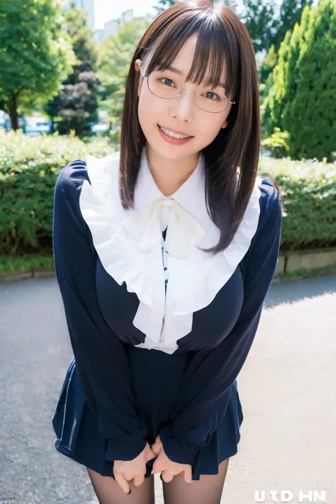 (nsfw:0.3),(absurd:1.5),8k,(Detailed Photos:1.5),(Beautiful face and skin:1.3),( Ultra high definition description  :1.5),(Realistic:1.5), masterpiece,  professional photoshoot, jacket, Ruffle Blouse, skirt, black stockings to hold hands, Glasses,  Confuse...