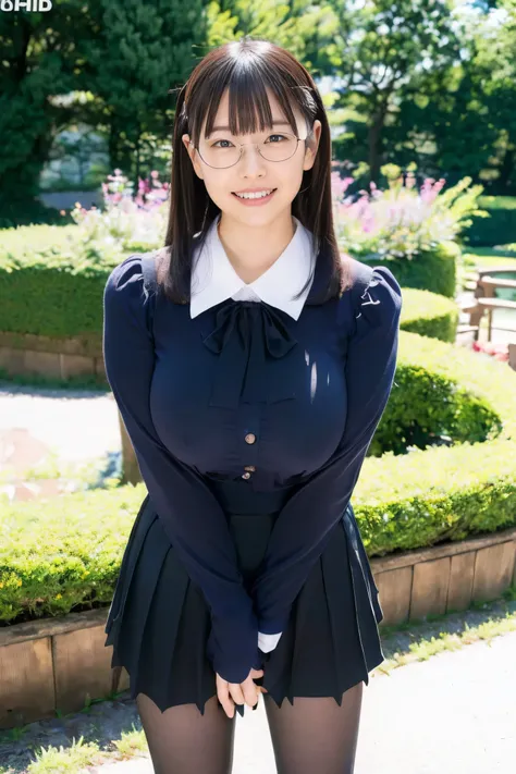 (nsfw:0.3),(absurd:1.5),8k,(Detailed Photos:1.5),(Beautiful face and skin:1.3),( Ultra high definition description  :1.5),(Realistic:1.5), masterpiece,  professional photoshoot, jacket, Ruffle Blouse, skirt, black stockings to hold hands, Glasses,  Confuse...