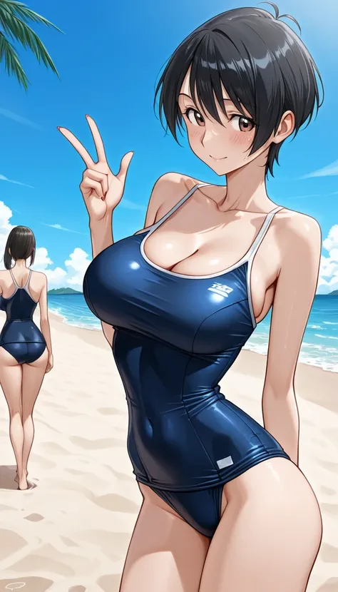 score_9, score_8_up, score_7_up, source_Anime Top Quality、8k、 masterpiece、super high accuracy、 natural light、perfect anatomy、one woman、medium breasts、saggy breasts:1.7、Cleavage、black hair、shortcuts、boyish、(embarrassing:1.2、happy)、school swimsuit、((Tropical...