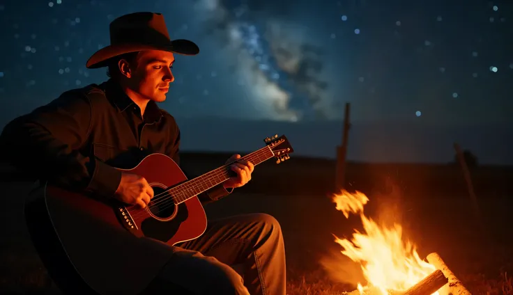 Prompt 07: “James by the Campfire – The Whisper of the Spirit”
Ultra-realistic 8K cinematic scene. Close-up of Cowboy James sitting on a log beside a glowing campfire under the vast open sky. The flames flicker warmly against his face, casting soft orange ...