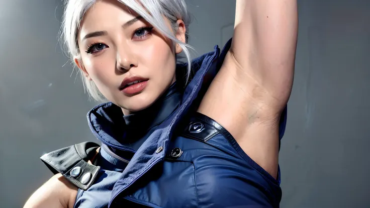 Highlight your chest、 Silver Hair、Sexy Poses、sensual expression、graceful posture、plump chest 、Delicate Features、Attractive skin、High Quality、realistic、lighting effects、oil paint texture、fashion、Portrait、photographic,blue jacket, sleeveless, cropped jacket,...