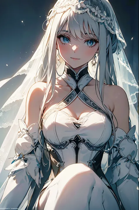best quality,ultra detailed,white hair,gloves,Portrait, Soft Lighting ,Delicate Details,realistic skin texture with Emi, smile,bright colors, Fine Brush Strokes , glowing background ,Ethereal vibe, Impeccable Makeup ,graceful posture,Kind personality,sleek...