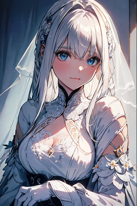 best quality,ultra detailed,white hair,gloves,Portrait, Soft Lighting ,Delicate Details,realistic skin texture with Emi, smile,bright colors, Fine Brush Strokes , glowing background ,Ethereal vibe, Impeccable Makeup ,graceful posture,Kind personality,sleek...