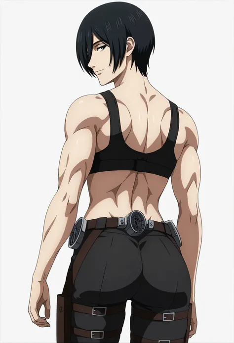 anime coloring, anime screencap, mikasa ackerman, 1girl, solo, short hair, black hair, towards viewer, badass, closed mouth, black sport bra, , belt, black pants, sleeping back, cowboy shot, looking at viewer,, white background, simple background, masterpi...