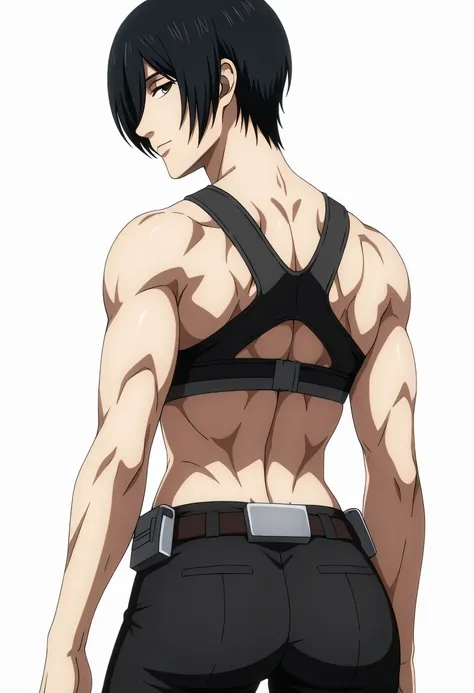 anime coloring, anime screencap, mikasa ackerman, 1girl, solo, short hair, black hair, towards viewer, badass, closed mouth, black sport bra, , belt, black pants, sleeping back, cowboy shot, looking at viewer,, white background, simple background, masterpi...
